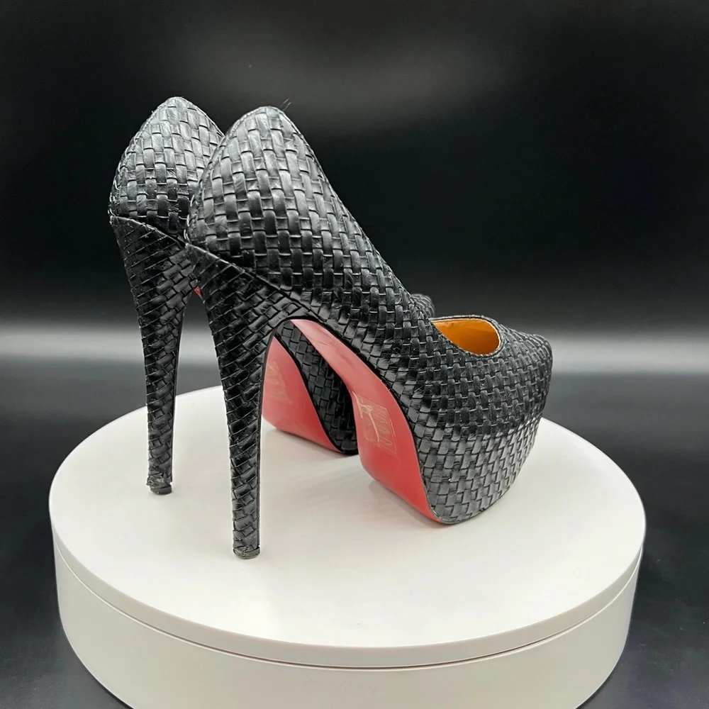 Black Weaved Platform Machi Heels with Red Bottoms - Picture 2 of 4